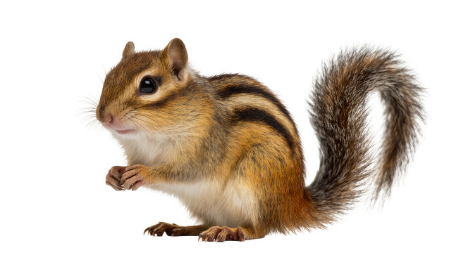 Small striped chipmunk with fluffy tail, isolated on transparent background