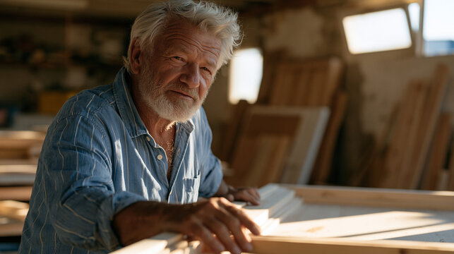 A man in his sixties discovering a forgotten hobby in an otherwise empty basement workshop, running one hand along an unfinished wooden frame, autumn afternoon light through a