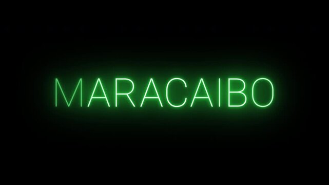 Flickering neon green glowing maracaibo sign animated black background.