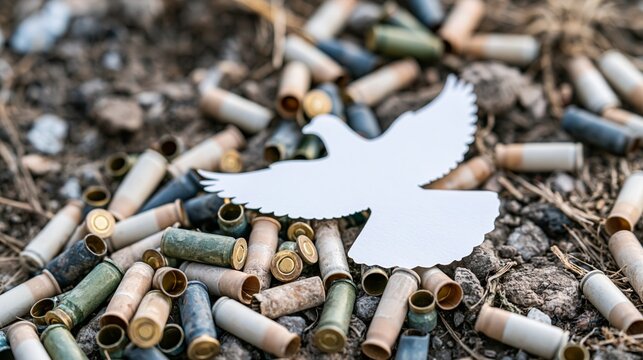 White dove cutout representing peace lying on scattered bullet casings symbolizing war and conflict