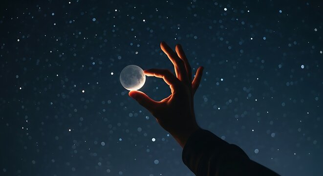 Silhouetted Hand Holding Glowing Moon Against Starry Night Sky