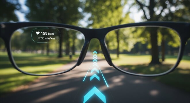 Augmented reality glasses displaying fitness data on a park path