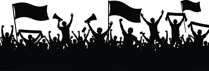 Fototapeta premium Crowd silhouette cheering with raised hands and waving flags on a white background