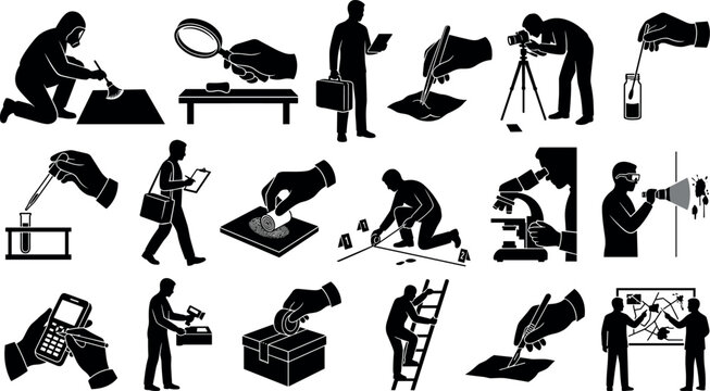 Forensic science and crime scene investigation black silhouettes set featuring detective evidence collection and laboratory analysis icons isolated on whiteForensic science and crime scene investigati
