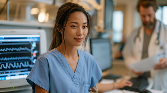 ICU monitoring dashboard terminal showing simultaneous ventilator waveforms and fluid balance metrics for four patients, a charge nurse updating care plan notes on a keyboard