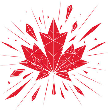 A red maple leaf constructed of geometric polygons violently bursts outward, scattering sharp crystal shards and radiating lines across a white background.