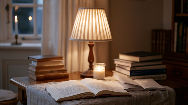 Candlelit study nook where doctoral student practices loss aversion reframing exercise in margin notes beside thesis draft, decision journal open alongside, autumn evening, single