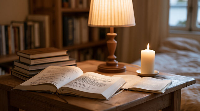 Candlelit study nook where doctoral student practices loss aversion reframing exercise in margin notes beside thesis draft, decision journal open alongside, autumn evening, single