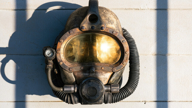 Underwater welding helmet with golden visor on light gray metal wall