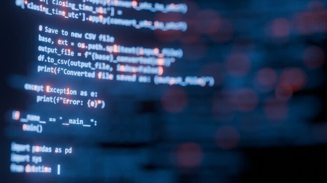 Closeup of programming source code on computer screen with blurred background.For software development, cybersecurity, generative coding. Seamless loop. Created using non-AI 3d Software