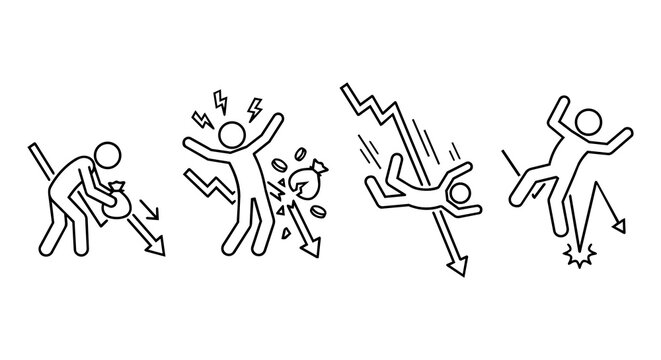 Market volatility and investor emotion concept, stick figure stock financial trend bounce and crash vector illustration