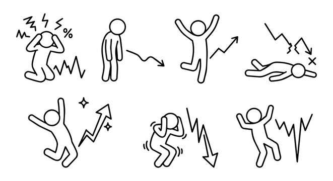 Stock market volatility and investor psychology concept, stick figure profit loss panic and joy vector illustration set