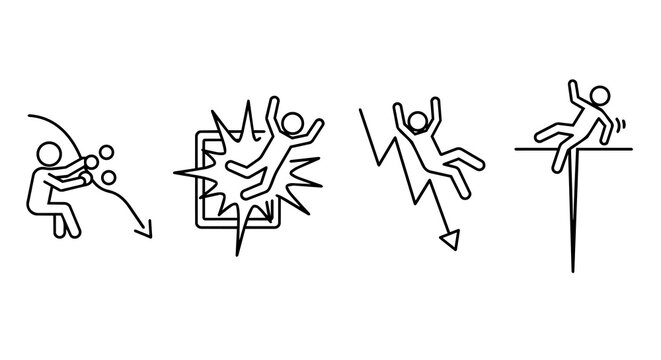 Stock market crash and financial crisis abyss concept, stick figure investor asset bubble burst falling vector illustration set