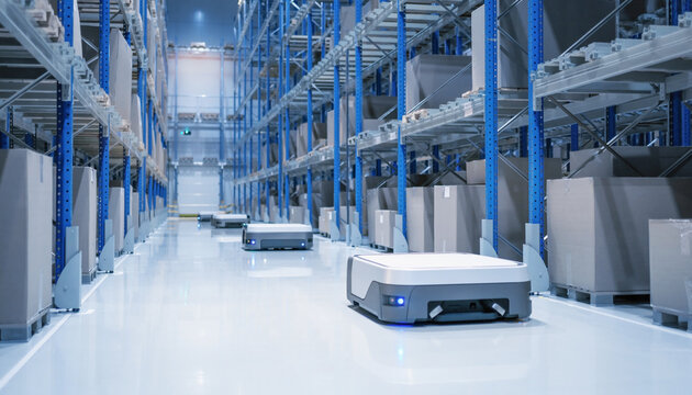 自動搬送ロボットが走行する近代的な物流倉庫