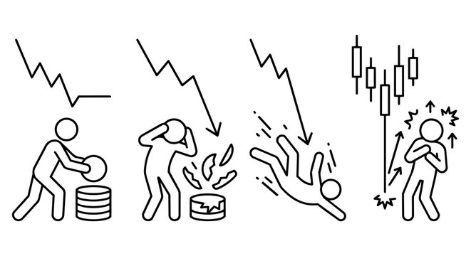Stock market candlestick chart crash concept, stick figure investor asset broken falling panic vector illustration set