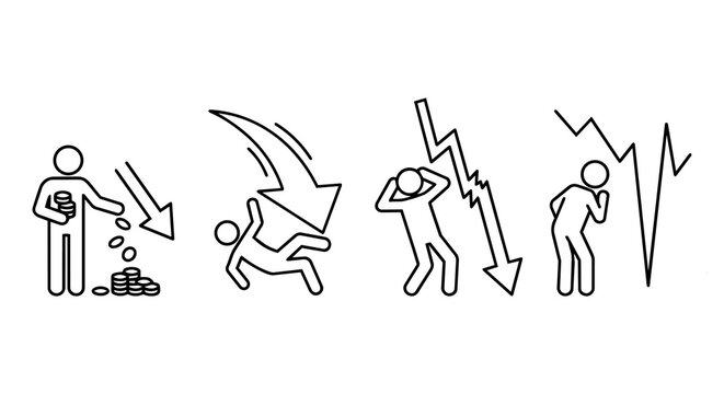 Stock market crash and money loss concept, stick figure investor panic and financial crisis vector illustration set