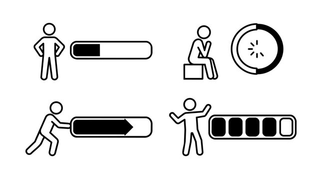 Project management and progress bar concept, stick figure task loading and process pushing vector illustration set