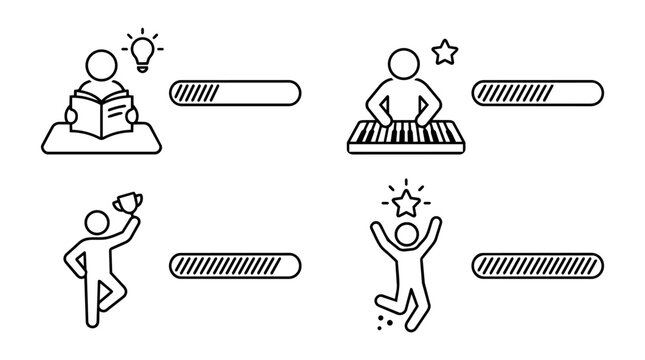 Personal growth and skill learning progress bar concept, stick figure achievement and self improvement vector illustration set