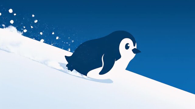 Cute little penguin sliding down a snowy hill during winter season in a playful cartoon illustration