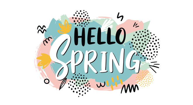 Bright and colorful abstract banner with hello spring text surrounded by playful shapes and polka dot patterns.