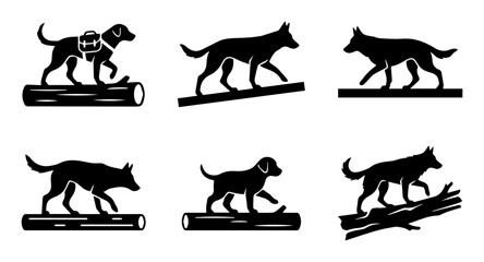 Obraz premium Dog Agility Training Silhouettes, Canine Obstacle Course Poses, Pet Sport Vector Icons, Black and White Animal Graphics for Fitness and Competition