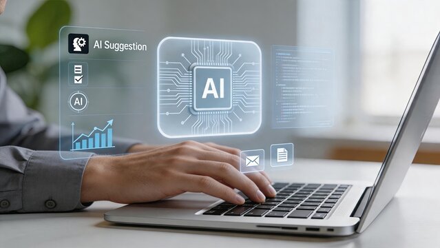 Person typing on laptop with artificial intelligence AI chip hologram projection, machine learning technology, automation software suggestion, future computing concept, neural