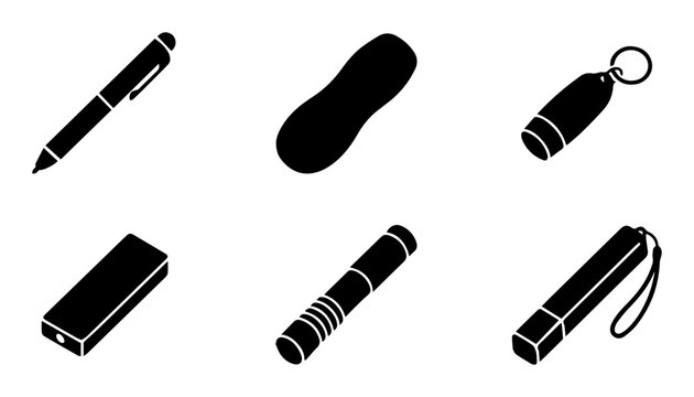 Set of 6 Black Silhouette Icons: Pen, Peanut, Keychain Flashlight, USB Drive, Laser Pointer, and Lanyard Flashlight. Simple Vector Graphics for Technology, Office, and Gadget Concepts.