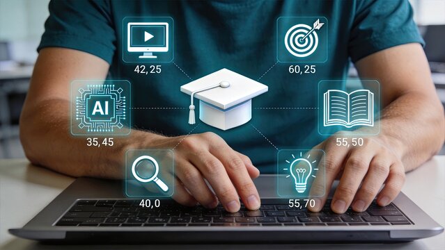 Student using laptop with AI education icons including graduation cap, video learning, target goals, book knowledge, search research and lightbulb innovation for digital learning