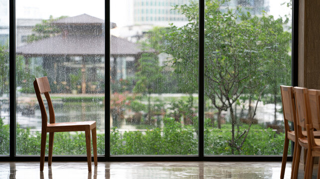 Empty rainy cafe window wooden chair minimalist interior wet glass overcast daylight concrete floor green view empty seat