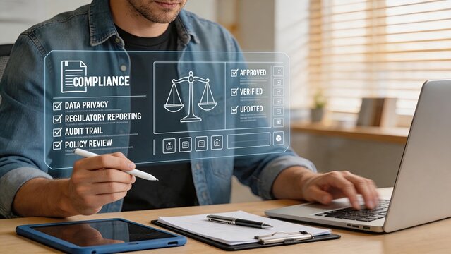 Professional reviewing compliance checklist on holographic screen with scales of justice icon, covering data privacy, regulatory reporting, audit trail and policy review for legal
