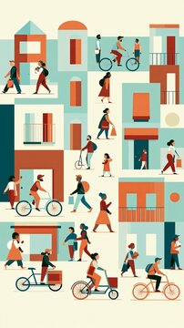 Minimalist flat vector illustration of colorful neighborhood with people and cyclists.