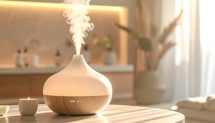 Obraz premium White ceramic aroma essential oil diffuser emitting fine mist in cozy room