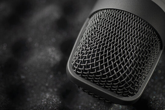 Professional condenser microphone head grille in a recording studio