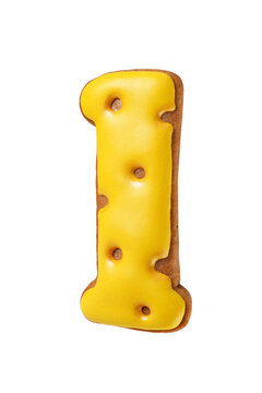 Gingerbread cookie shaped as a number one with bright yellow icing isolated. Transparent PNG image.