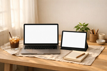 Fototapeta premium Blank Laptop and Tablet Mockup for Digital Product Creator Desk