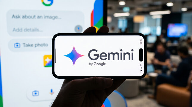 Smartphone displaying the Google Gemini artificial intelligence chatbot logo held by a hand in a modern office environment with blurred computer screen showing image search features in background