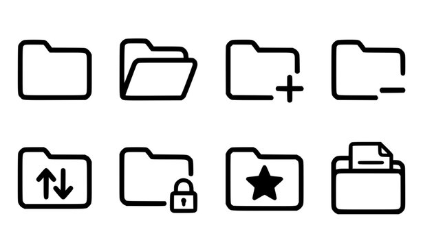 Data File Folder Line Icon Set Featuring Open Closed Add Delete Transfer Lock Star and Document Management Symbols for Interface Graphic Designs