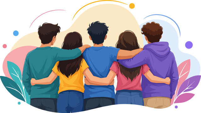 Group of diverse young friends standing together with arms around each other, back view, illustration