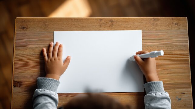 Overhead view of child's hands holding marker and writing on blank white paper on a wooden desk