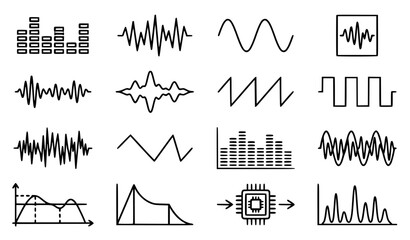 Naklejka premium Audio Sound Wave and Equalizer Line Icon Set with Frequency Signal Sine Square Triangle Oscilloscope and Digital Synthesizer Outline Vector Elements