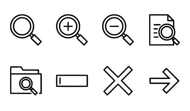 Search and Document Zoom Line Icon Set with Magnifying Glass Minimize Maximize File Folder Arrow and Interface Outline Vector Elements