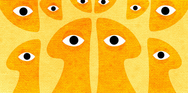 abstract yellow monsters pattern with many big black eyes