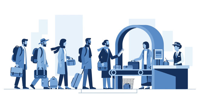 Travelers Queue at Airport Security Checkpoint with Luggage - Illustration