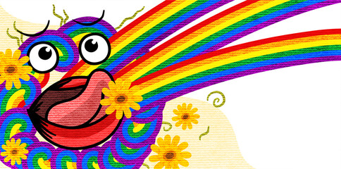 Naklejka premium crazy rainbow monster face spitting colorful spectrum with flowers