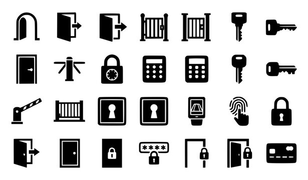 Home Security and Access Control Icon Set with Doors Gates Keys Padlocks Keypads Turnstiles Fingerprint Scanners and Smart Lock Glyph Vector Symbols