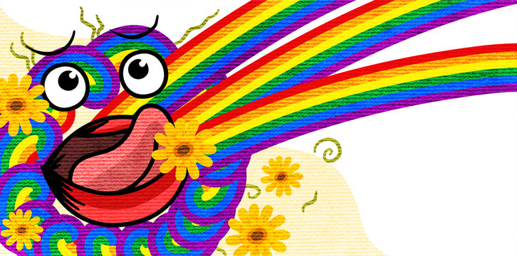 crazy rainbow monster face spitting colorful spectrum with flowers