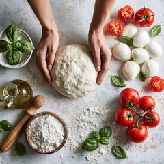 Fototapeta premium Hands arranging pizza ingredients including dough, tomatoes, mozzarella, basil, olive oil and flour on a light kitchen surface, top view flat lay.