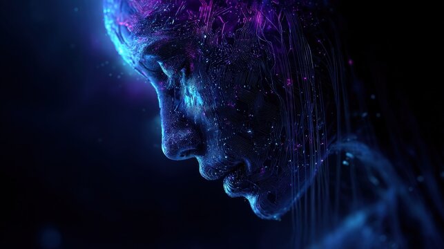 Abstract Digital Art Human Face Profile Glowing with Cosmic Nebula Particles