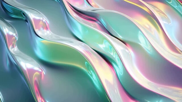 Abstract iridescent liquid ripples with bright pearlescent green and pink pastel reflections Video.