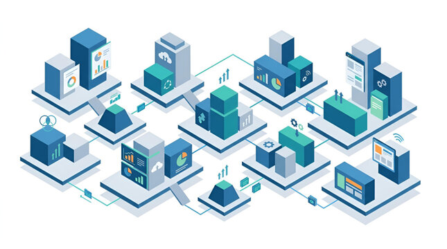 Abstract isometric data network with digital charts and cloud servers durin clean white background
